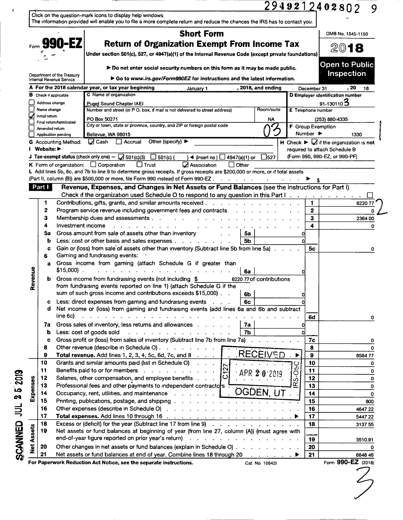 Image of first page of 2018 Form 990EZ for International Association of Electrical Inspectors / Puget Sound