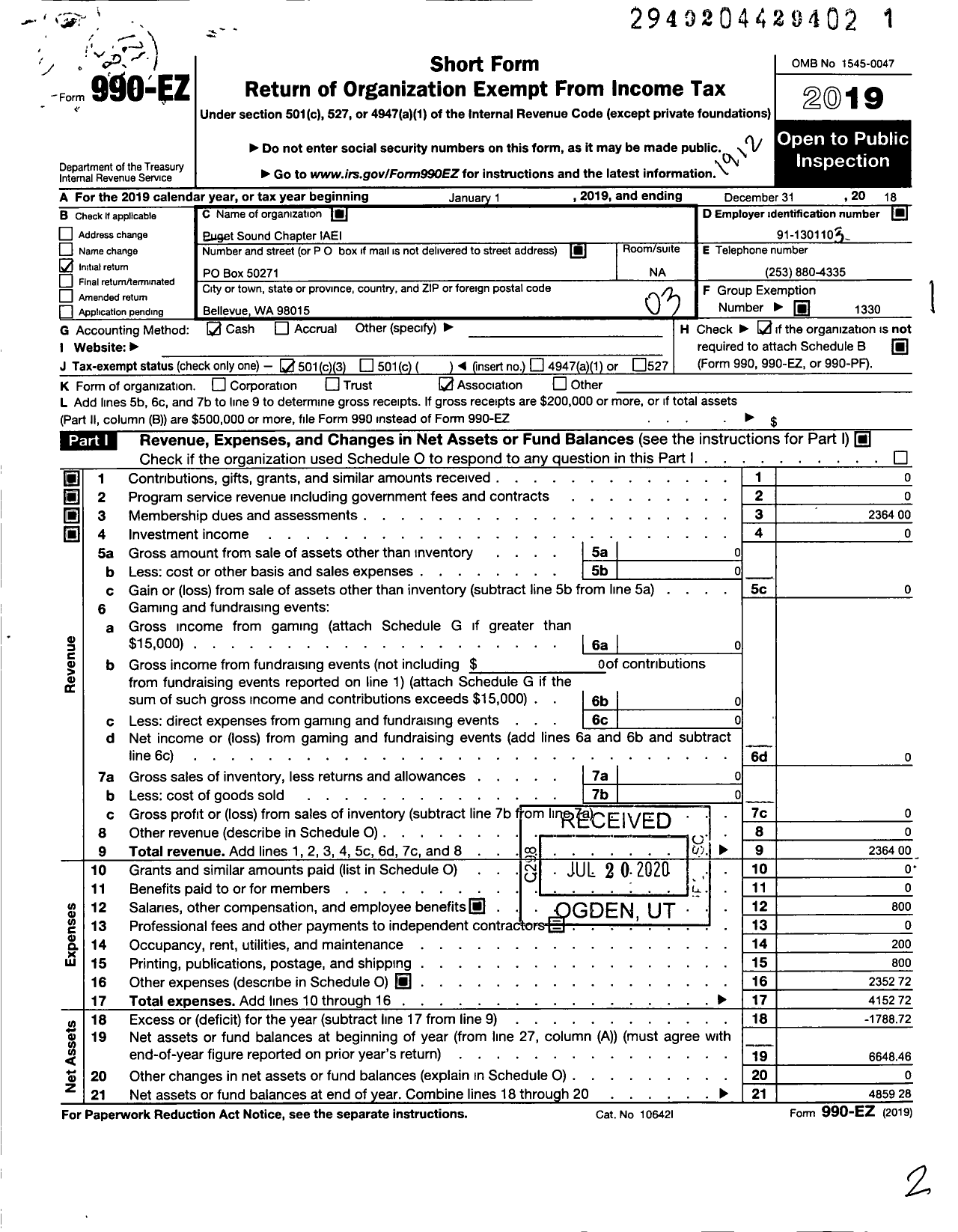 Image of first page of 2019 Form 990EZ for International Association of Electrical Inspectors / Puget Sound