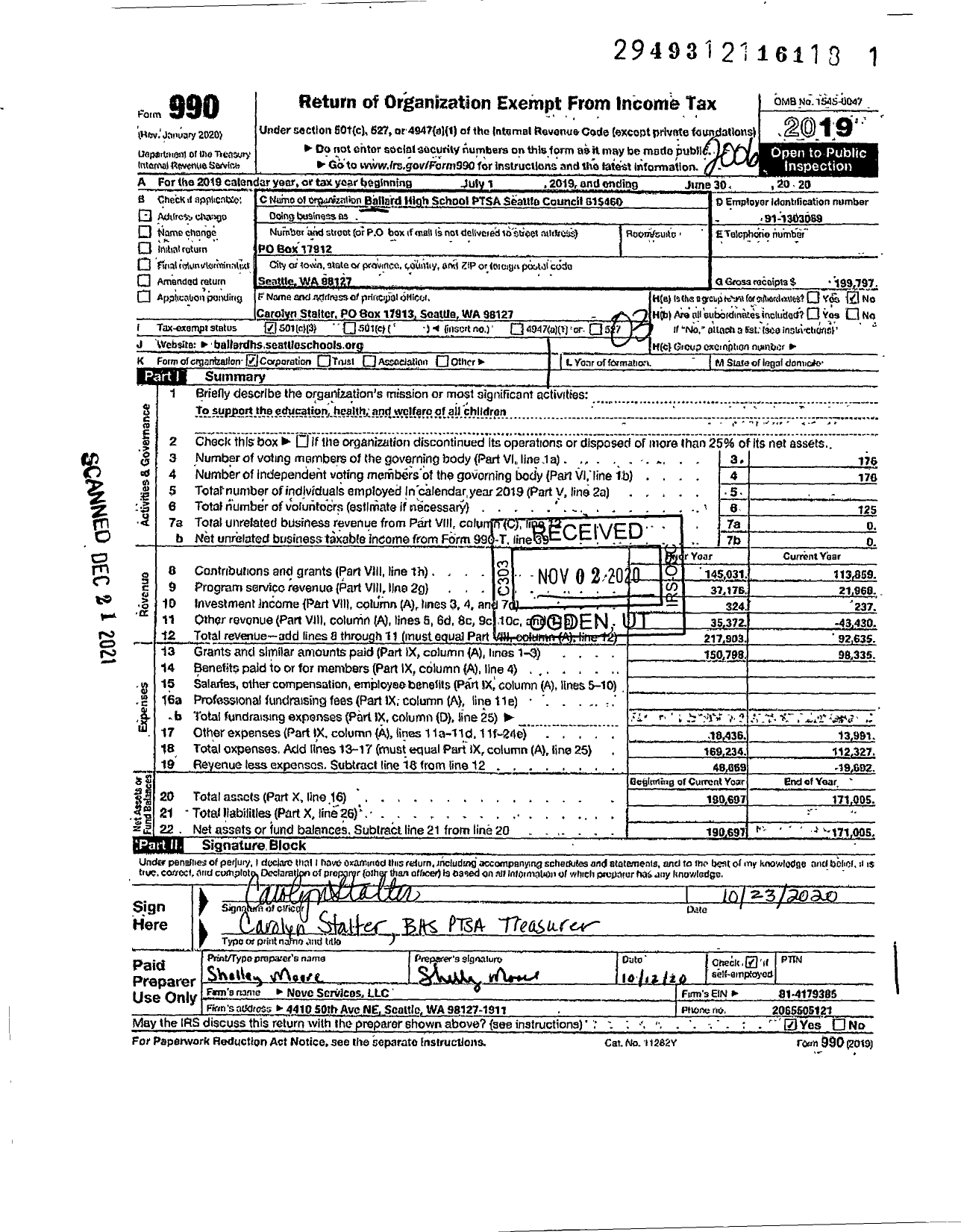 Image of first page of 2019 Form 990 for Ballard High School PTSA Seattle Council 615460