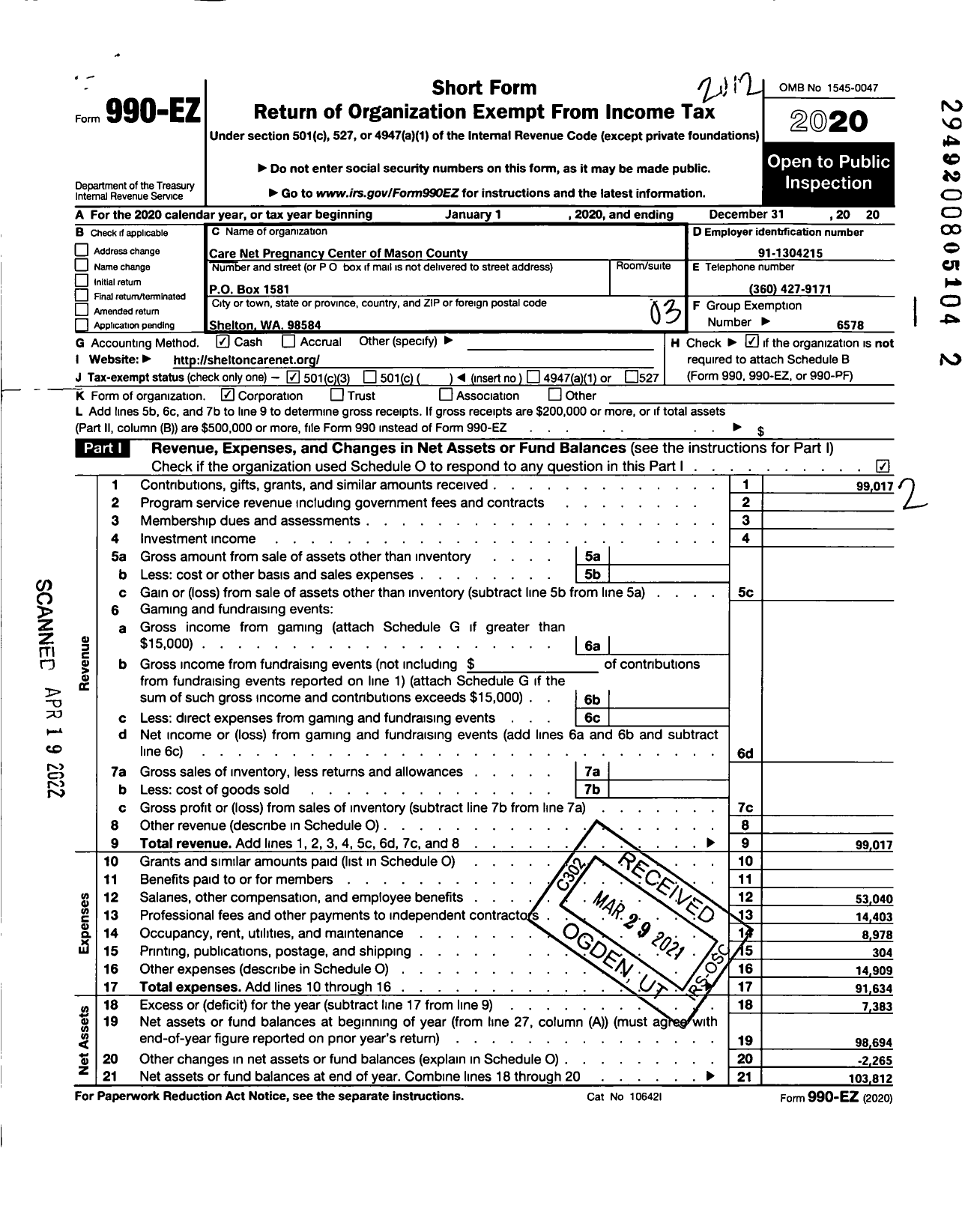 Image of first page of 2020 Form 990EZ for Care Net Pregnancy Center of Mason County