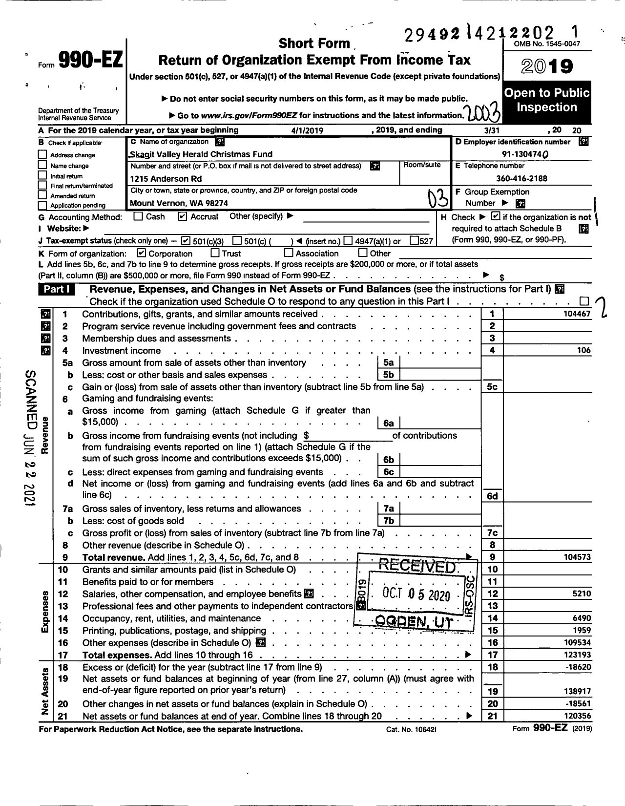 Image of first page of 2019 Form 990EZ for Skagit Valley Herald Christmas Fund