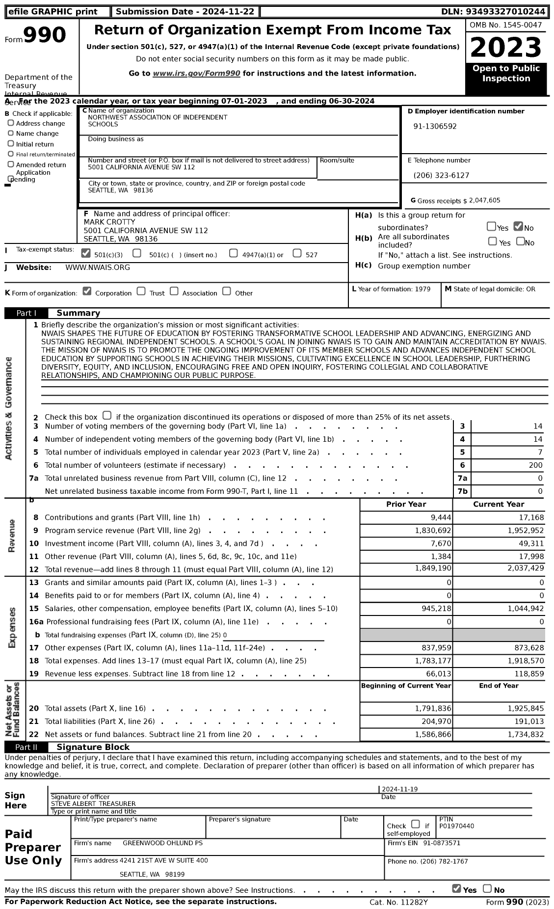 Image of first page of 2023 Form 990 for Northwest Association of Independent Schools