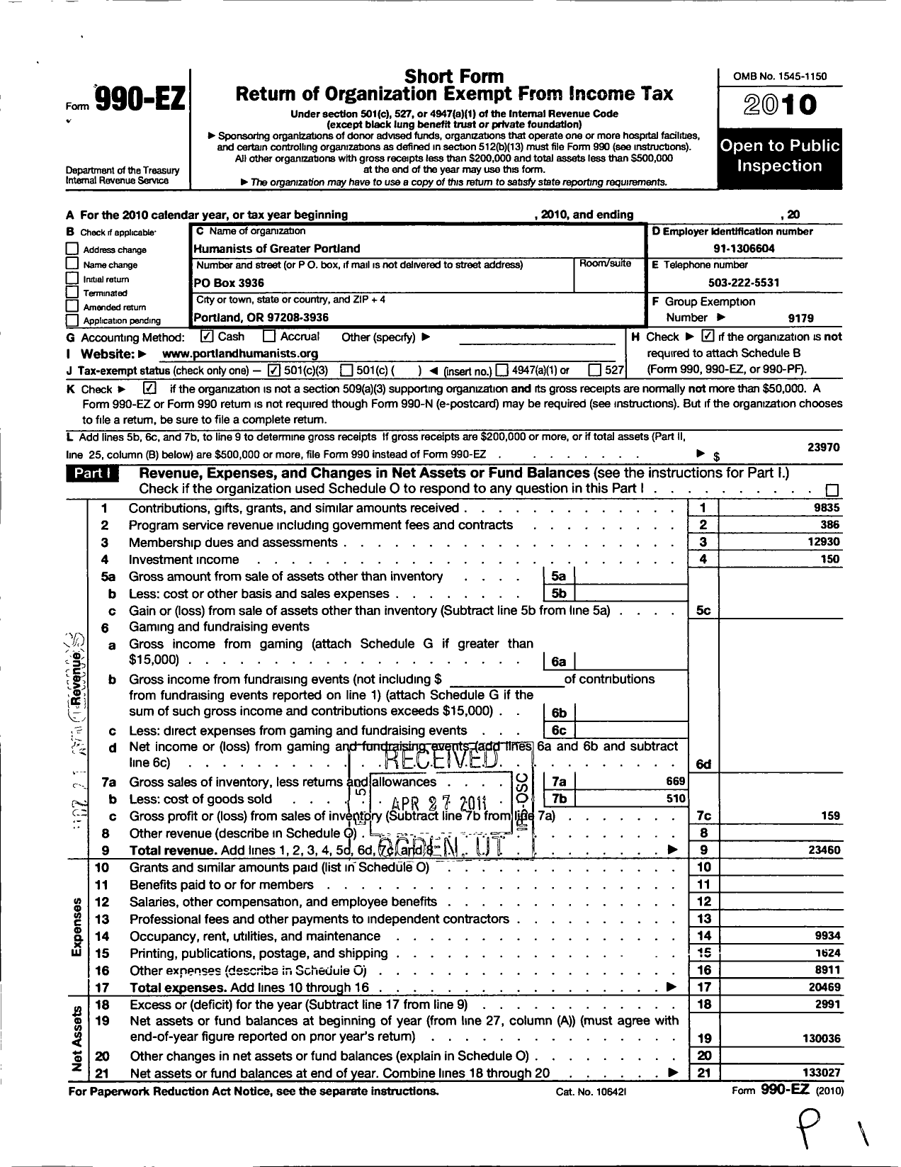 Image of first page of 2010 Form 990EZ for American Humanist Association / Humanists of Greator Portland