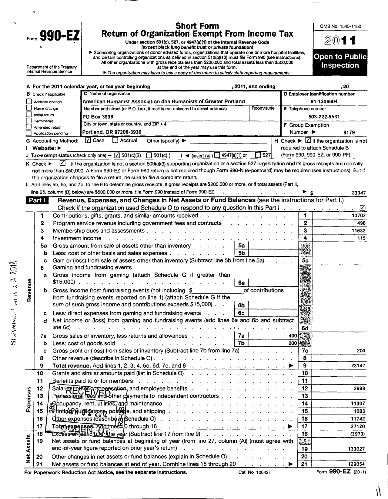 Image of first page of 2011 Form 990EZ for American Humanist Association / Humanists of Greator Portland