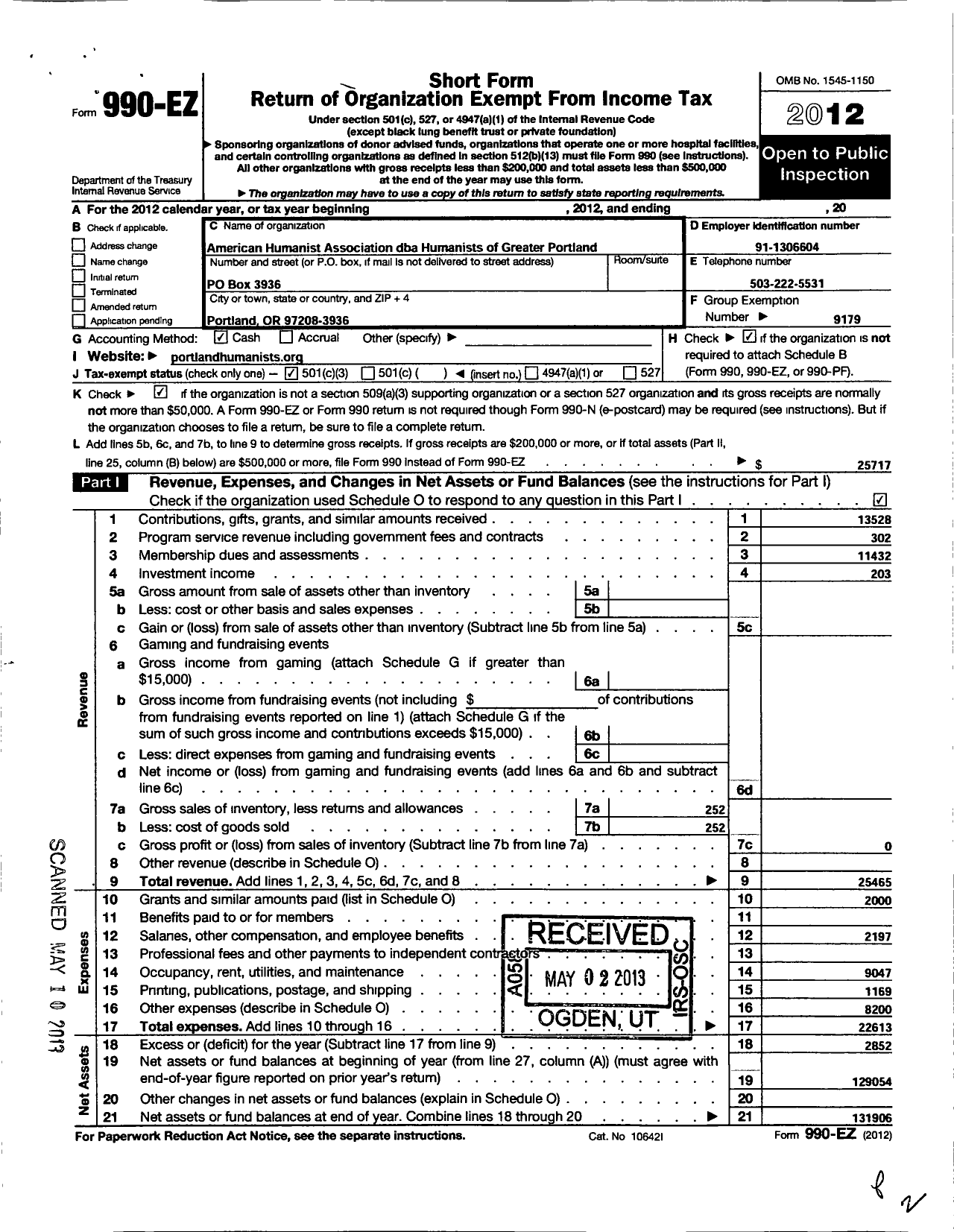 Image of first page of 2012 Form 990EZ for American Humanist Association / Humanists of Greator Portland