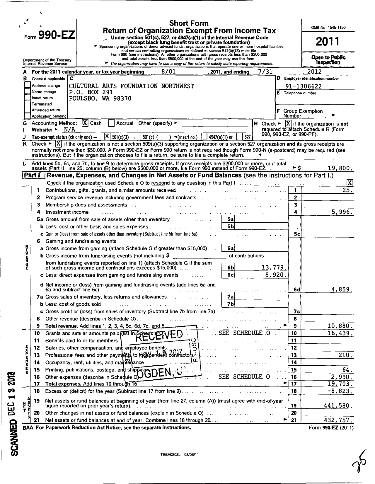 Image of first page of 2011 Form 990EZ for Cultural Arts Foundation Northwest