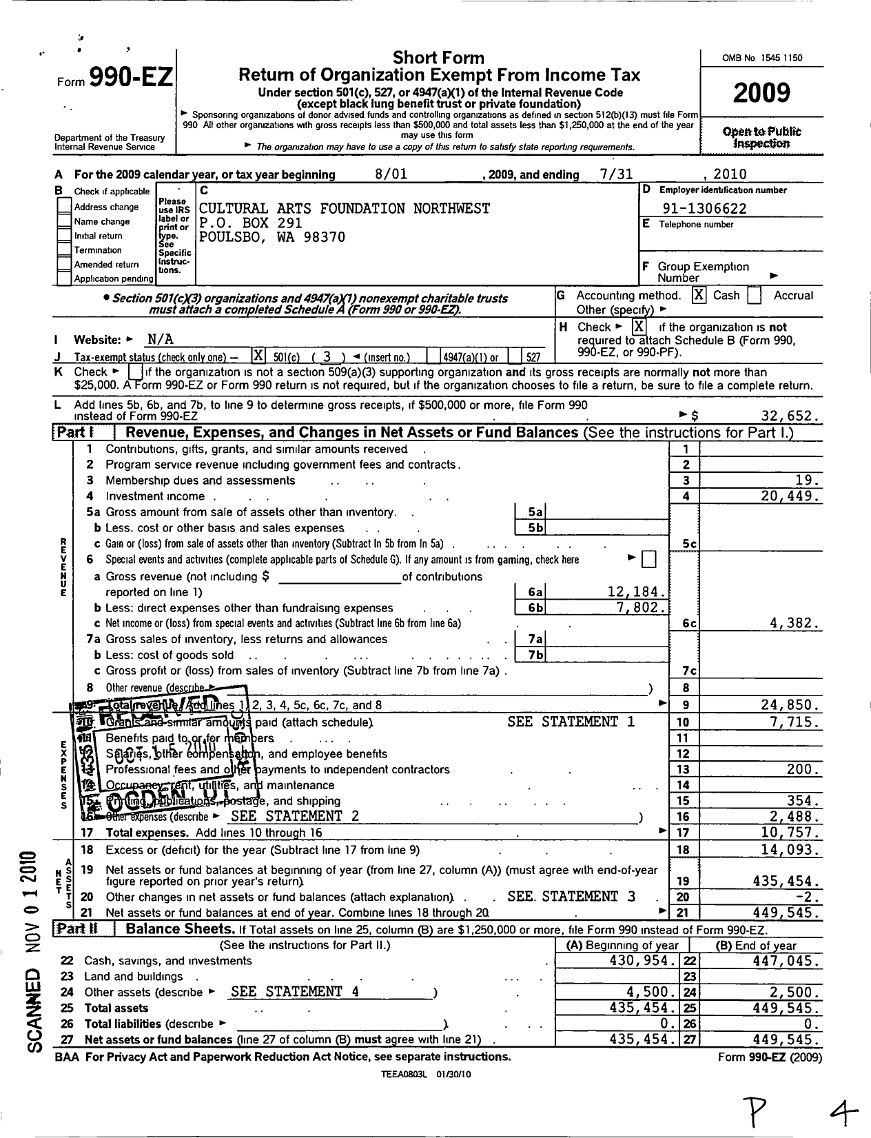 Image of first page of 2009 Form 990EZ for Cultural Arts Foundation Northwest