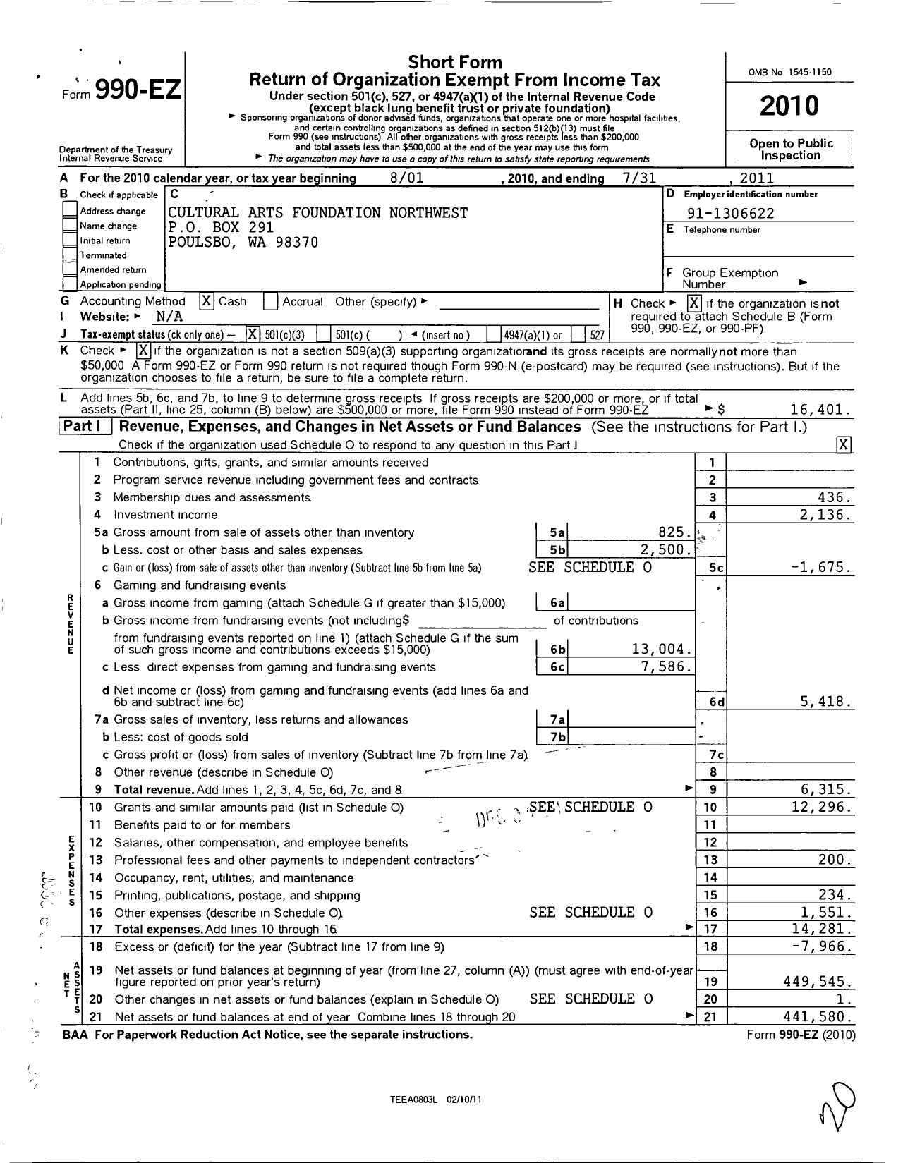 Image of first page of 2010 Form 990EZ for Cultural Arts Foundation Northwest