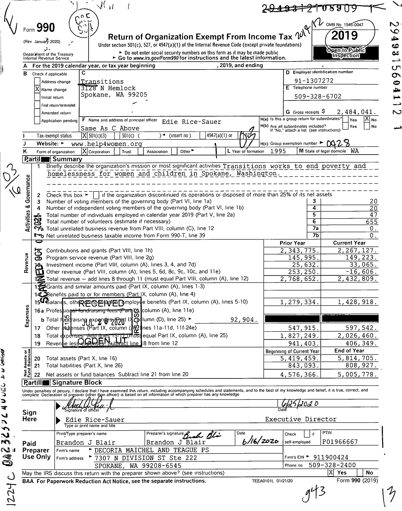 Image of first page of 2019 Form 990 for Transitions