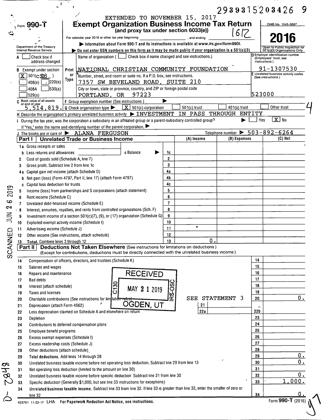 Image of first page of 2016 Form 990T for Northwest Christian Community Foundation