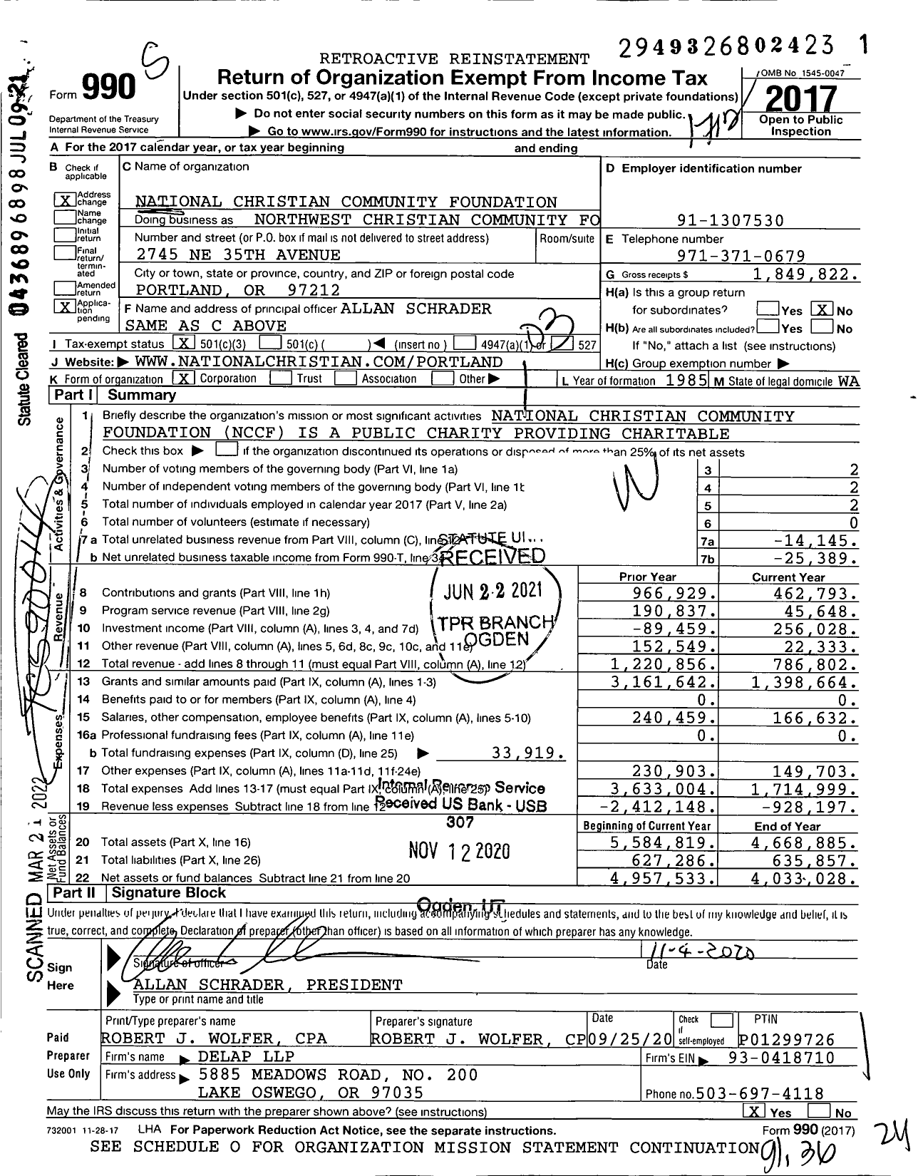 Image of first page of 2017 Form 990 for Northwest Christian Community Foundation