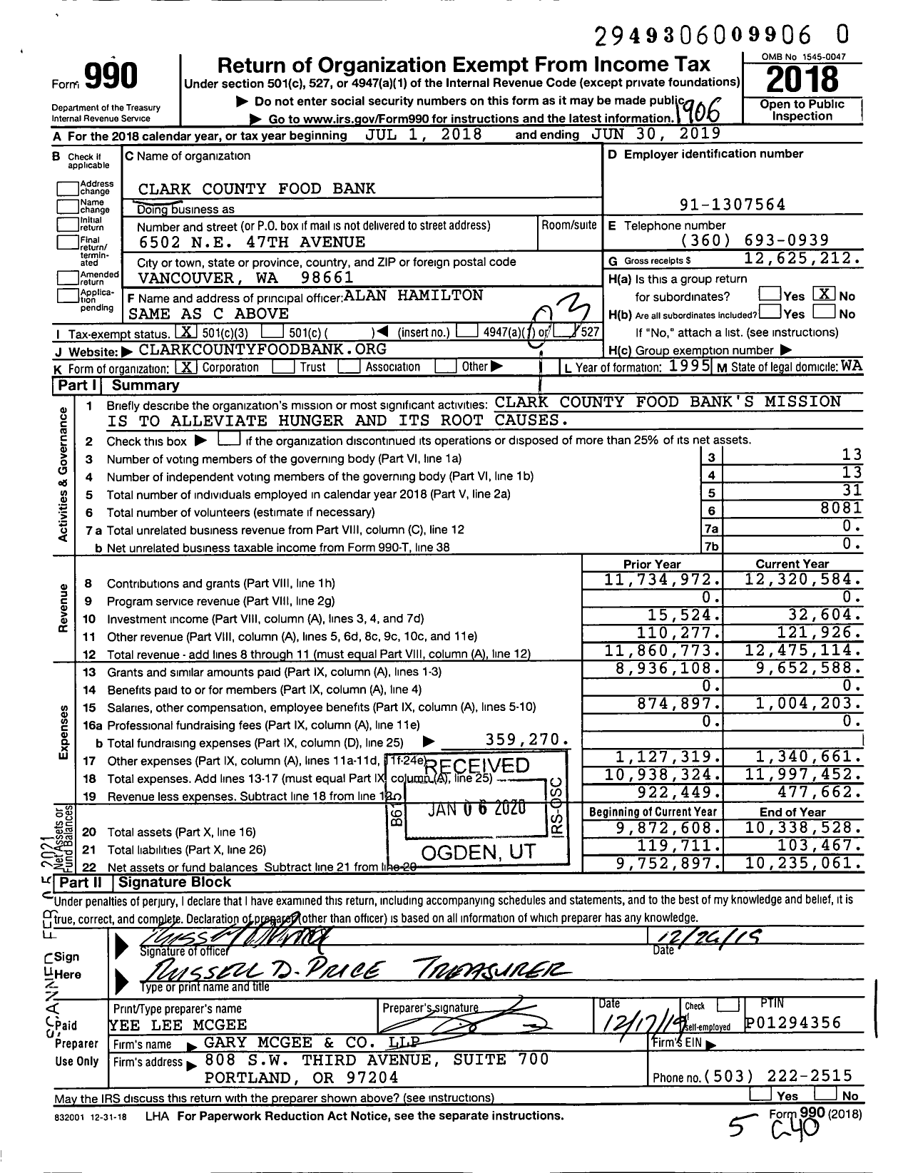 Image of first page of 2018 Form 990 for Clark County Food Bank