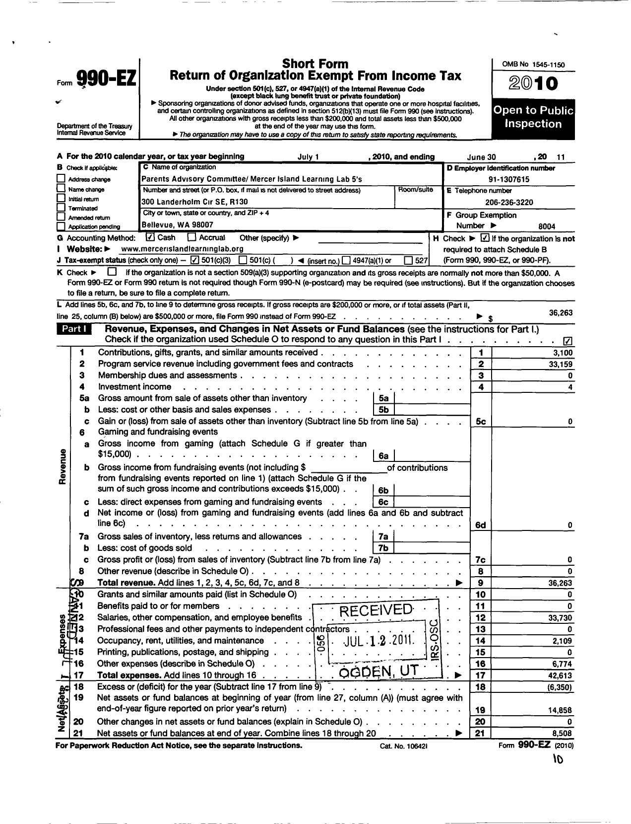 Image of first page of 2010 Form 990EZ for Parents Advisory Committee / Mercer Island Learning Lab 5S