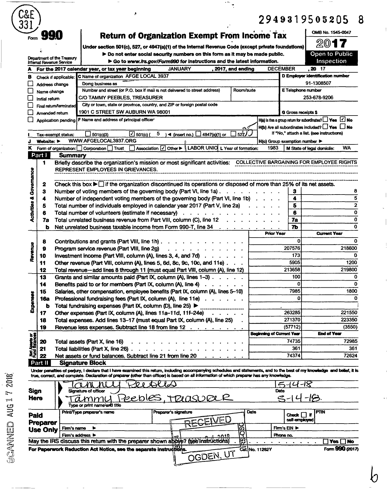 Image of first page of 2017 Form 990O for American Federation of Government Employees - 3937 Local Afge HHS Ssa