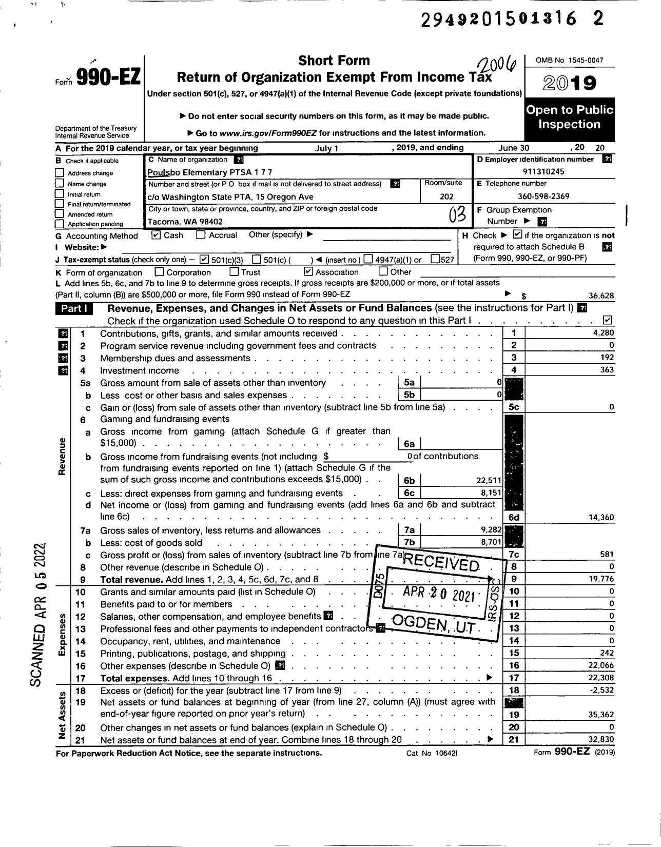 Image of first page of 2019 Form 990EZ for Poulsbo Elementary Ptsa 1 7 7