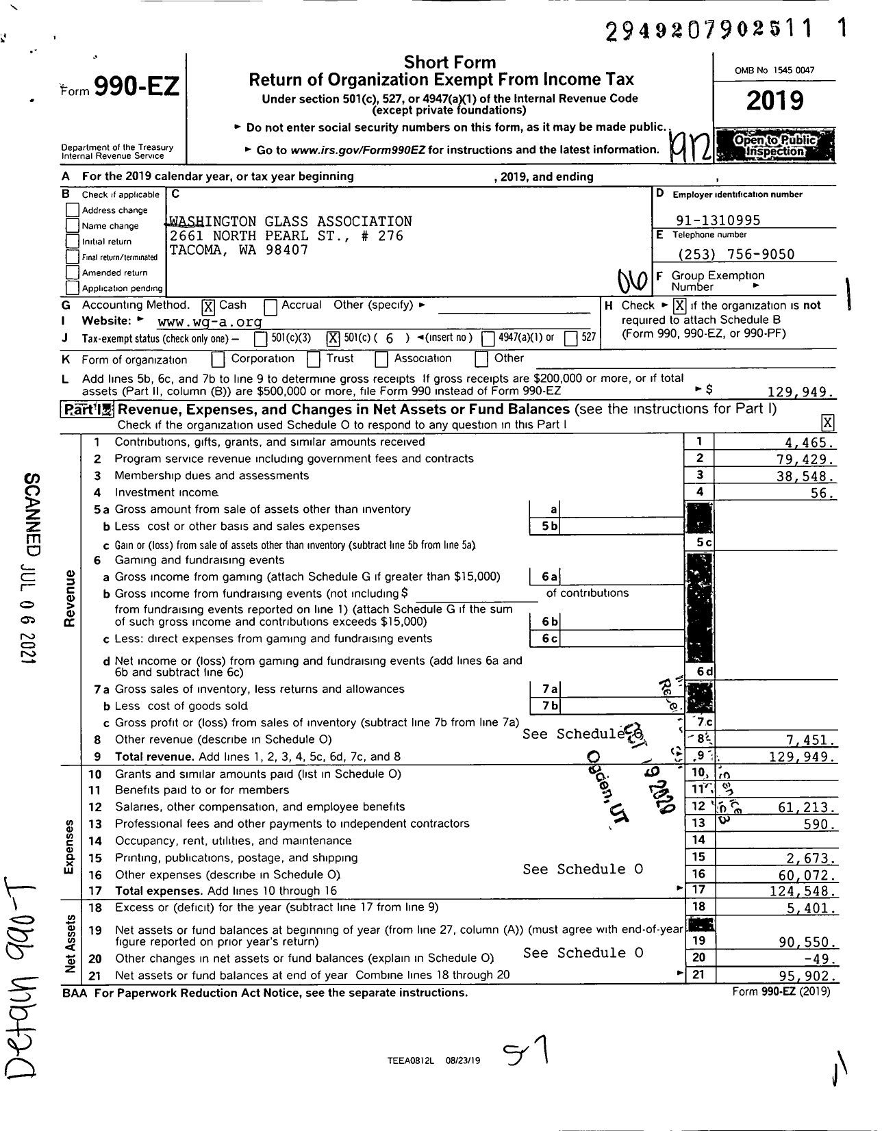 Image of first page of 2019 Form 990EO for Washington Glass Association