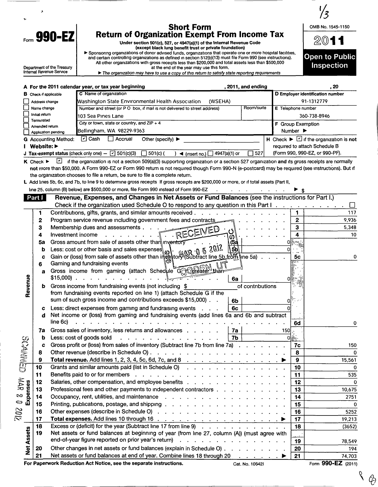 Image of first page of 2011 Form 990EZ for Washington State Environmental Health Association