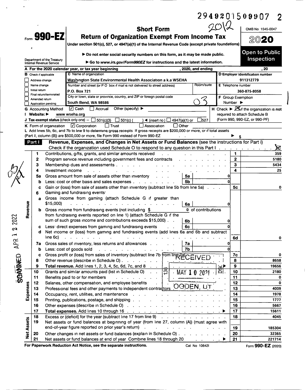 Image of first page of 2020 Form 990EZ for Washington State Environmental Health Association