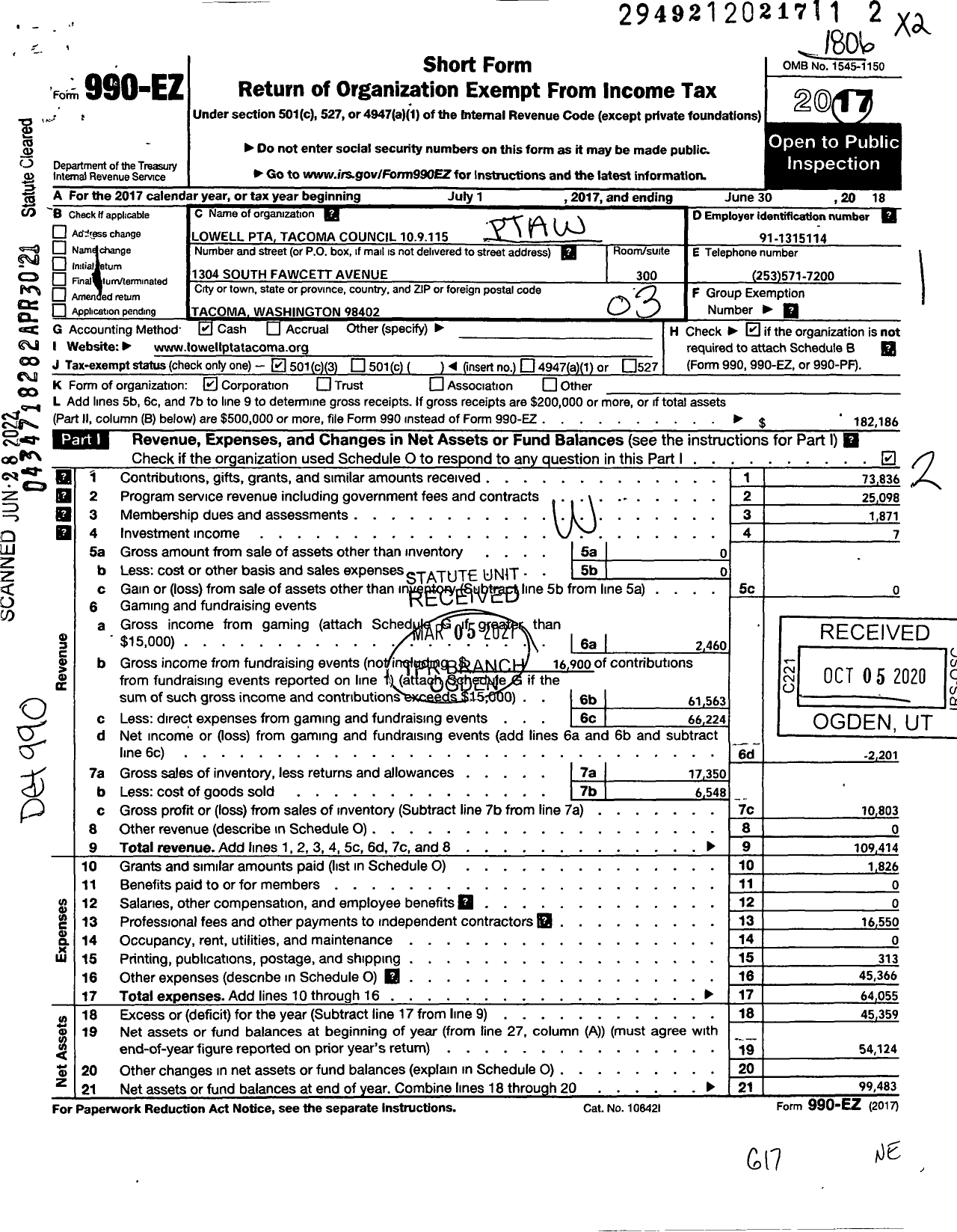 Image of first page of 2017 Form 990EZ for Lowell PTA Tacoma Council 10 9 115