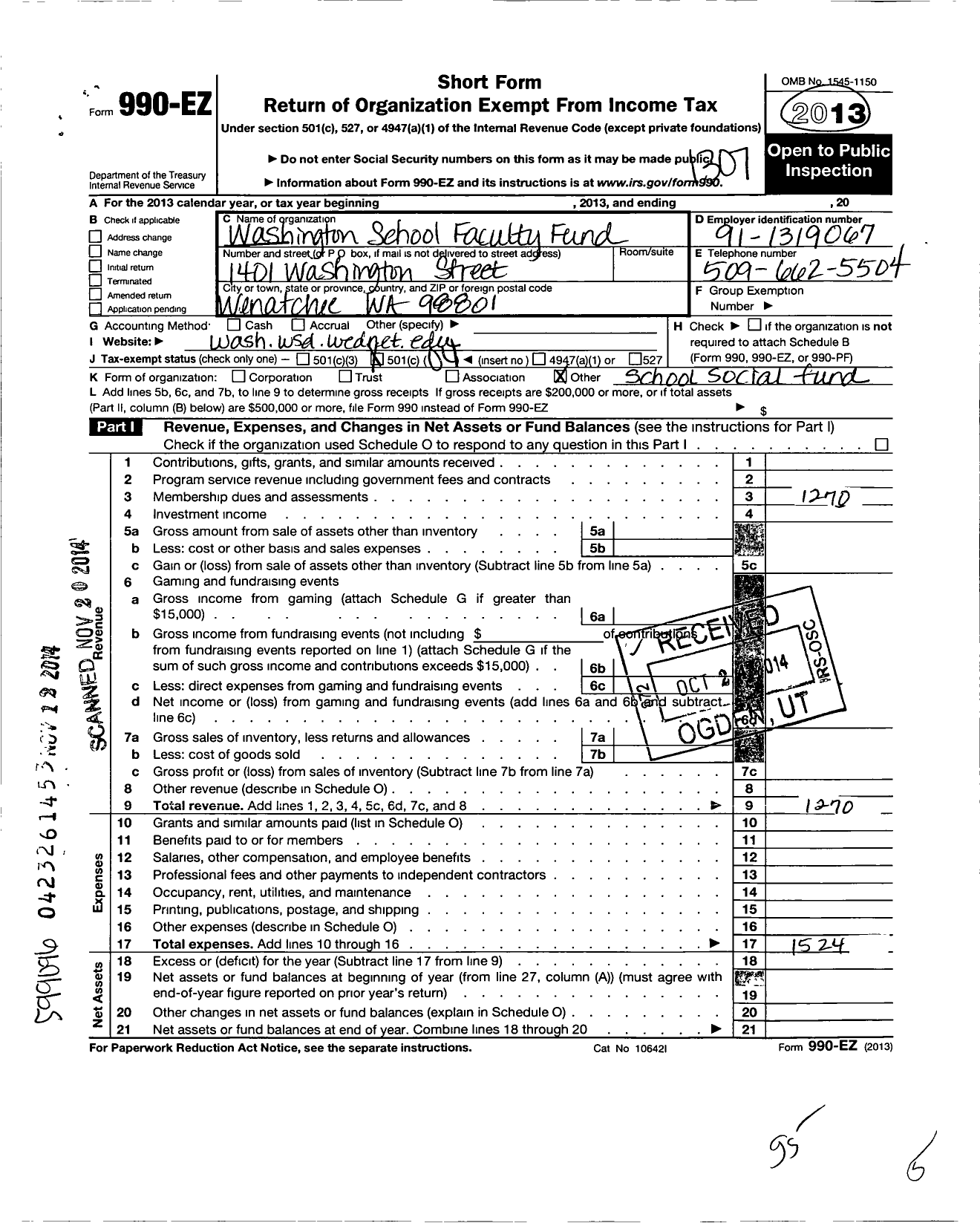 Image of first page of 2012 Form 990EO for Washington School Faculty Fund