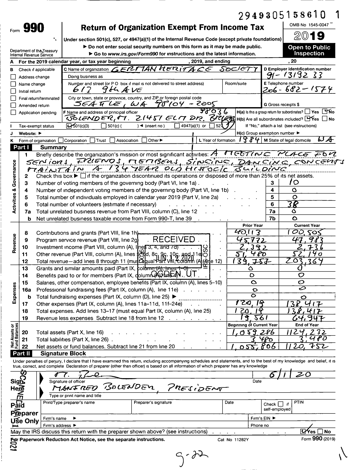 Image of first page of 2019 Form 990 for German Heritage Society