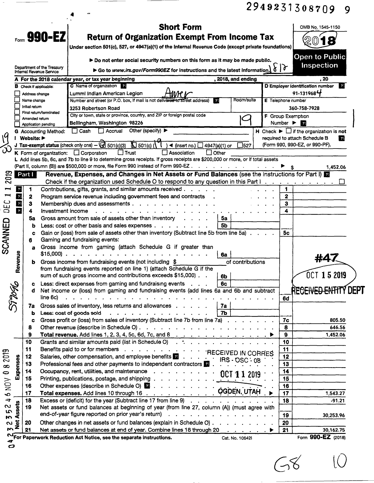 Image of first page of 2018 Form 990EO for American Legion - 0033 Lummi