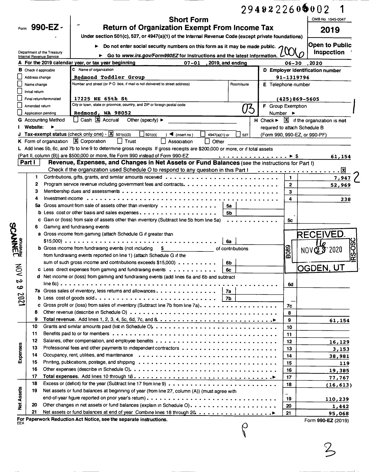 Image of first page of 2019 Form 990EZ for Redmond Toddler Group