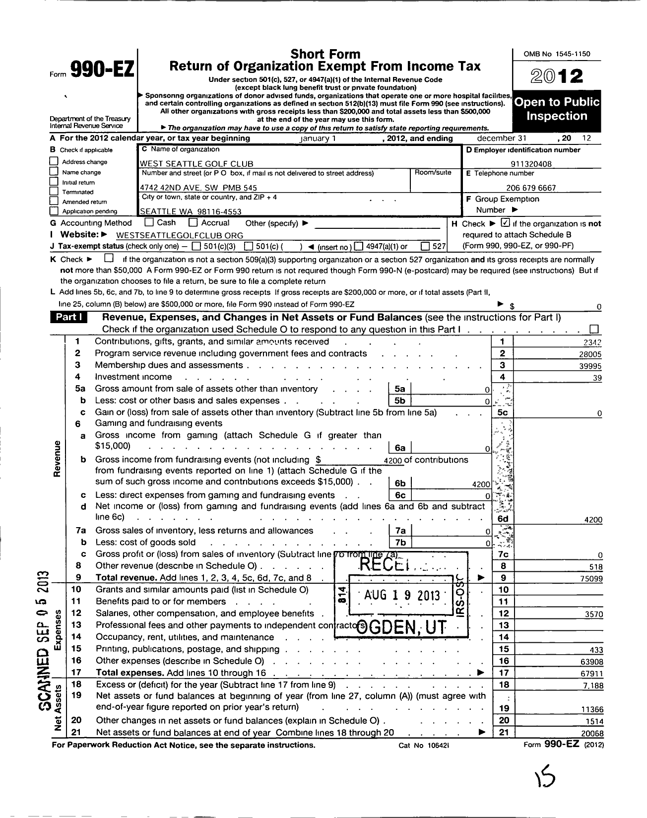 Image of first page of 2012 Form 990EO for West Seattle Golf Club