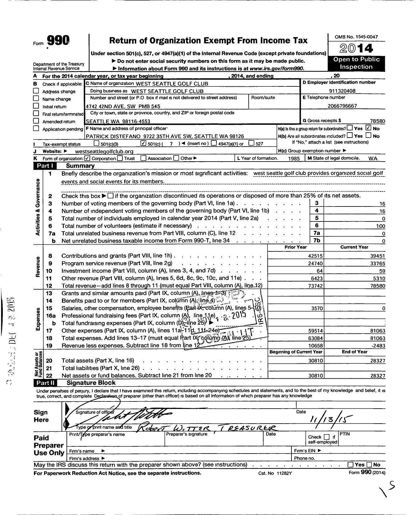 Image of first page of 2014 Form 990O for West Seattle Golf Club