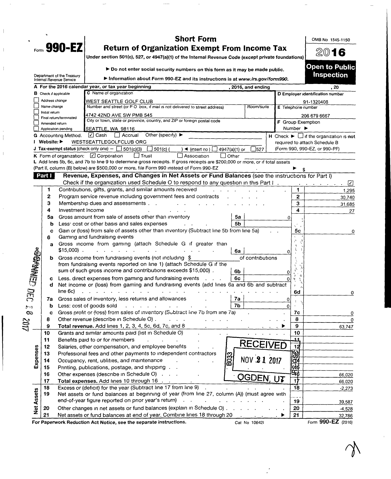 Image of first page of 2016 Form 990EO for West Seattle Golf Club