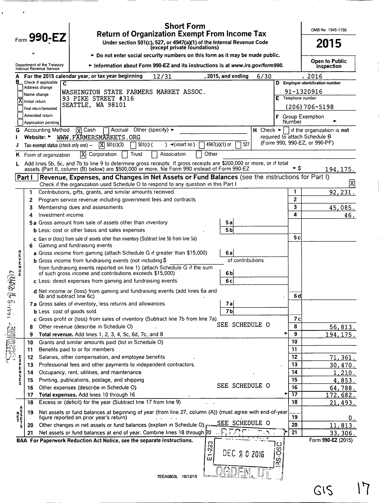 Image of first page of 2015 Form 990EZ for Washington State Farmers Market Assoc