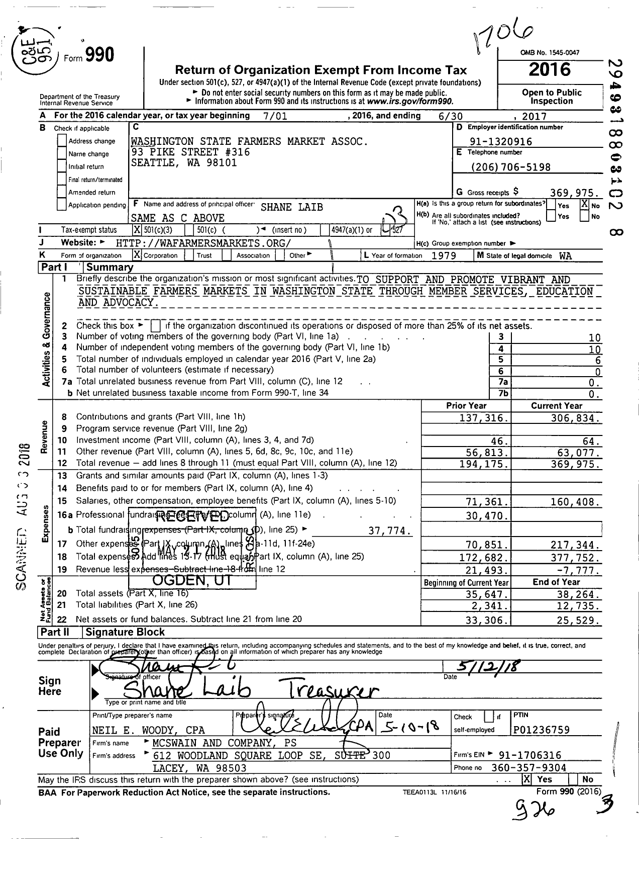 Image of first page of 2016 Form 990 for Washington State Farmers Market Assoc