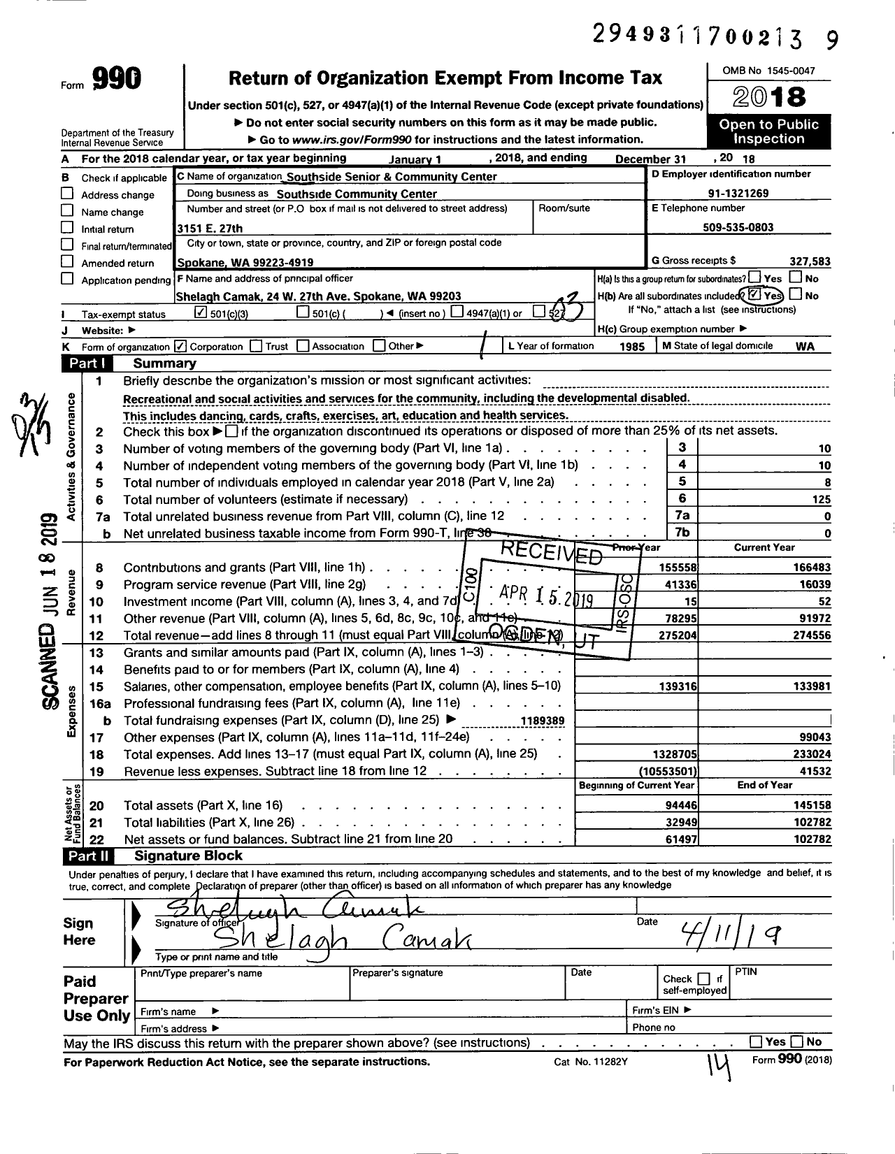 Image of first page of 2018 Form 990 for Southside Senior and Community Center