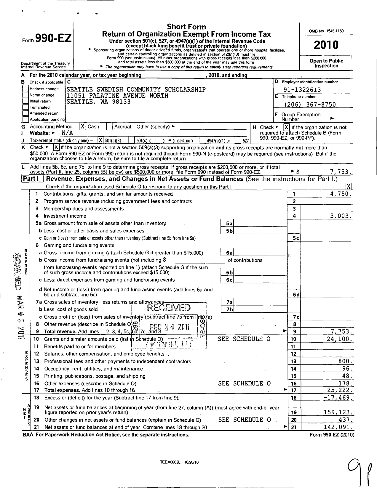 Image of first page of 2010 Form 990EZ for Seattle Swedish Community Scholarships