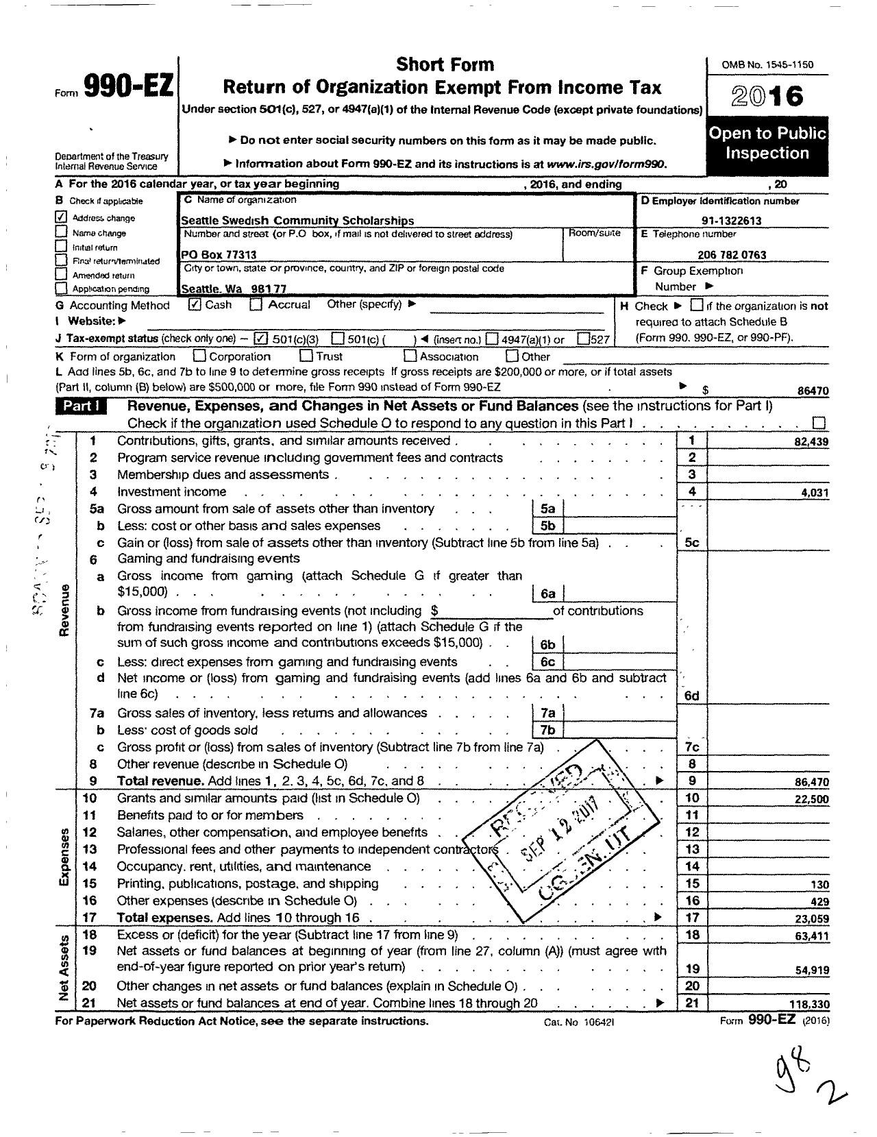Image of first page of 2016 Form 990EZ for Seattle Swedish Community Scholarships