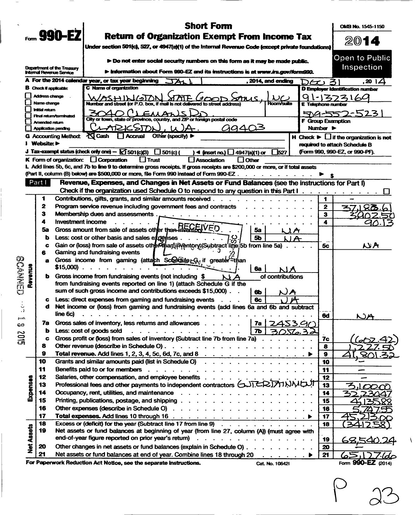 Image of first page of 2014 Form 990EZ for Washington State Good Sams Club