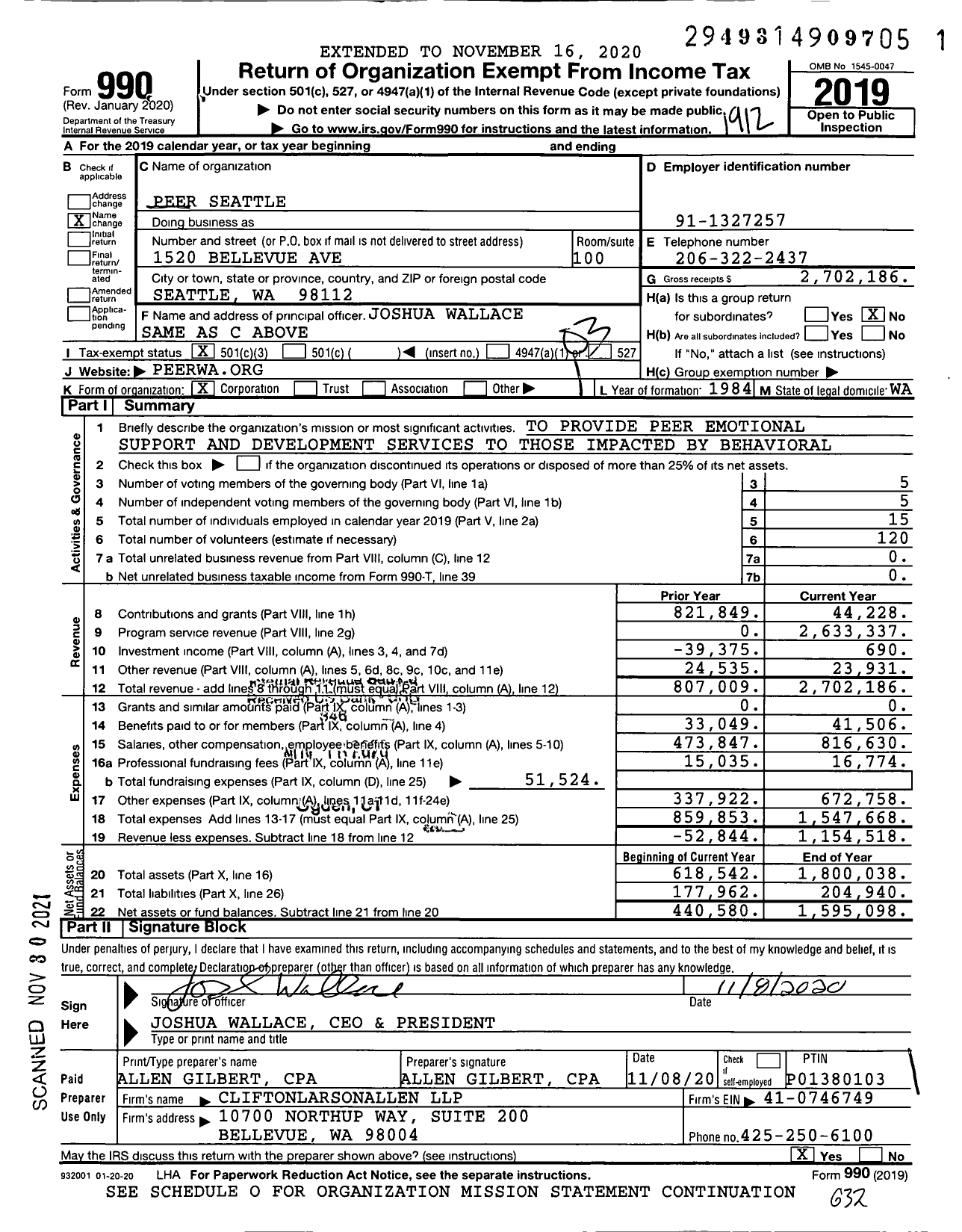 Image of first page of 2019 Form 990 for Peer Washington