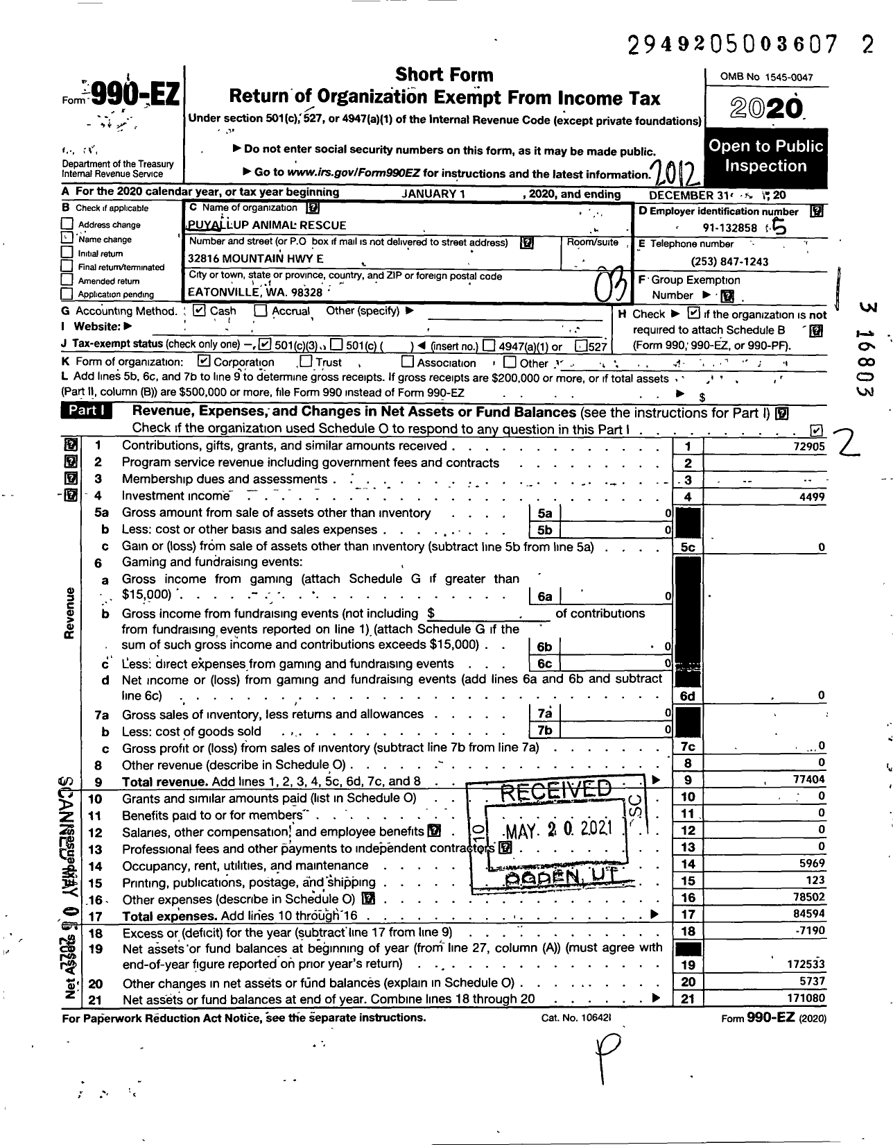 Image of first page of 2020 Form 990EZ for Puyallup Animal Rescue