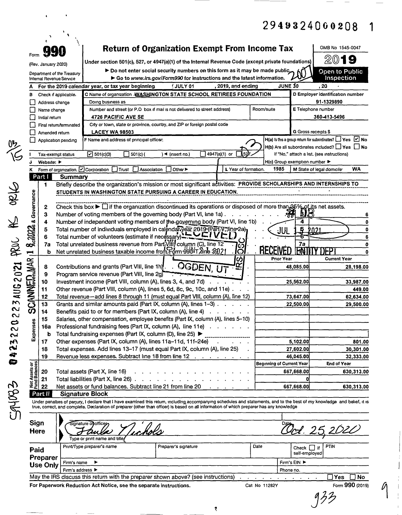 Image of first page of 2019 Form 990 for Washington State School Retirees Foundation