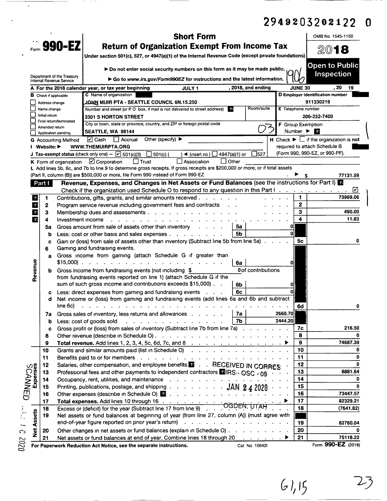 Image of first page of 2018 Form 990EZ for John Muir PTA Seattle Council 6 12 250