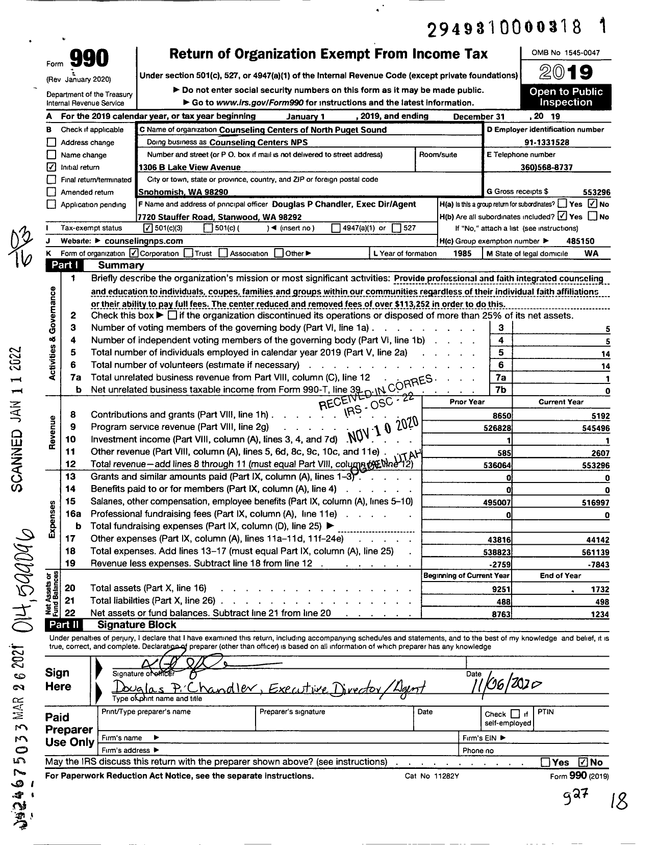 Image of first page of 2019 Form 990 for Counseling Centers of North Puget Sound