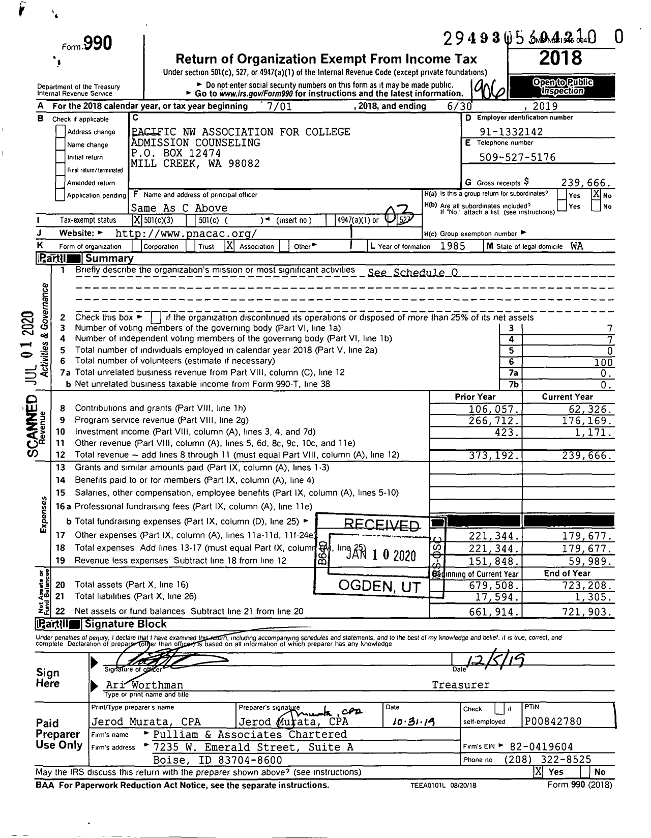 Image of first page of 2018 Form 990 for Pacific NW Association for College Admission Counseling