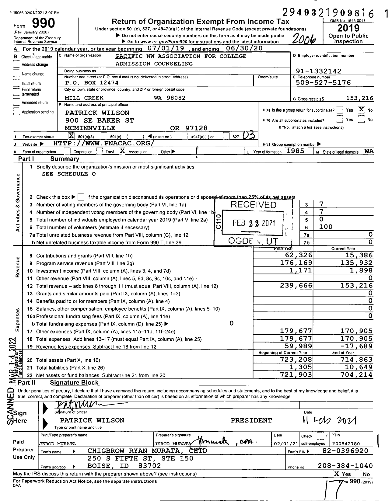 Image of first page of 2019 Form 990 for Pacific NW Association for College Admission Counseling