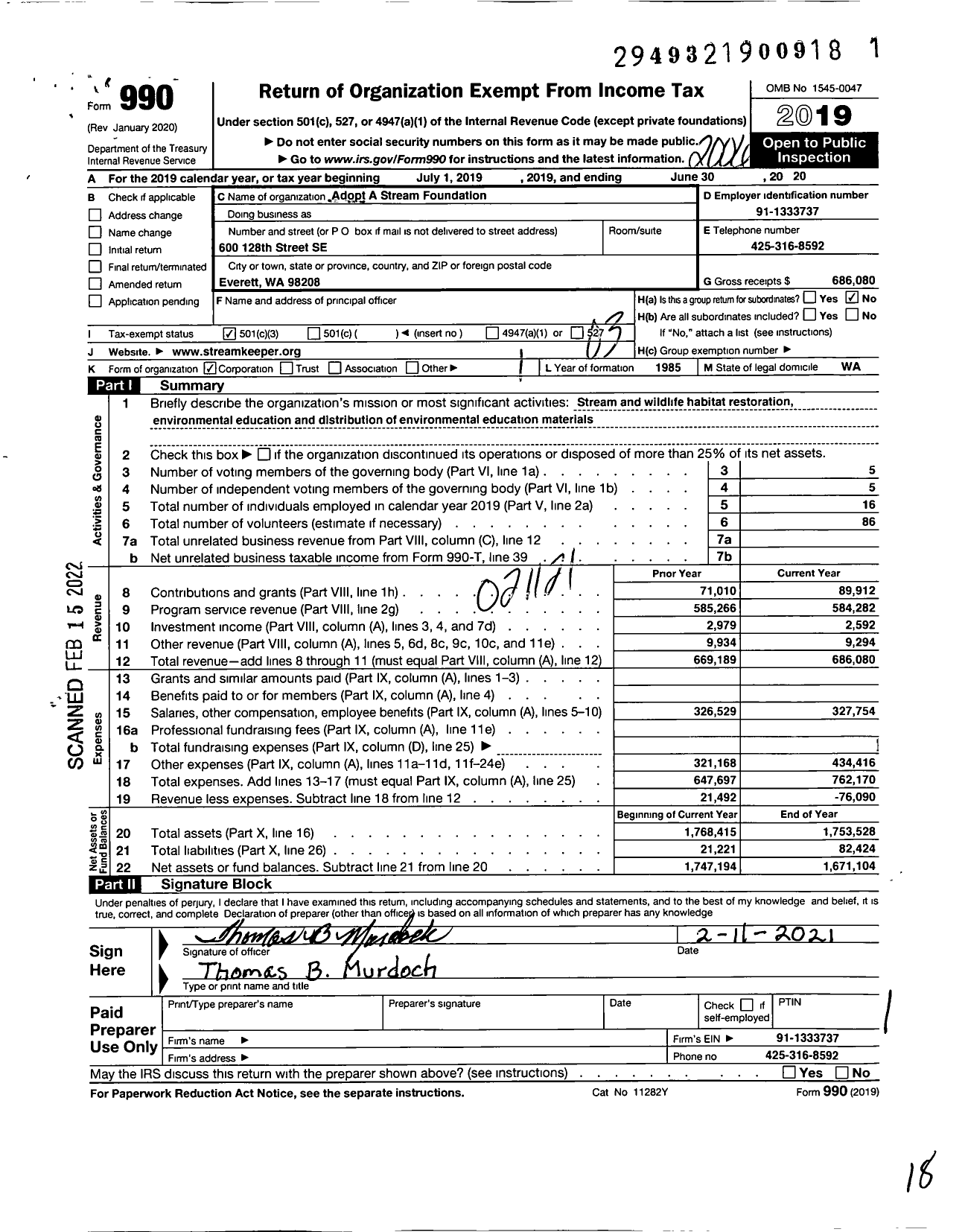 Image of first page of 2019 Form 990 for Adopt-A-Stream Foundation (AASF)