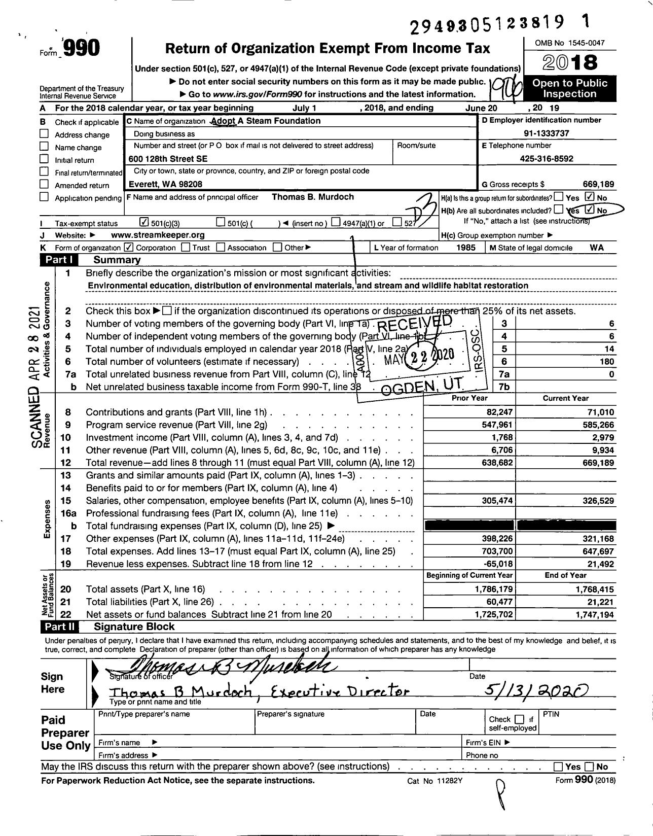 Image of first page of 2018 Form 990 for Adopt-A-Stream Foundation (AASF)