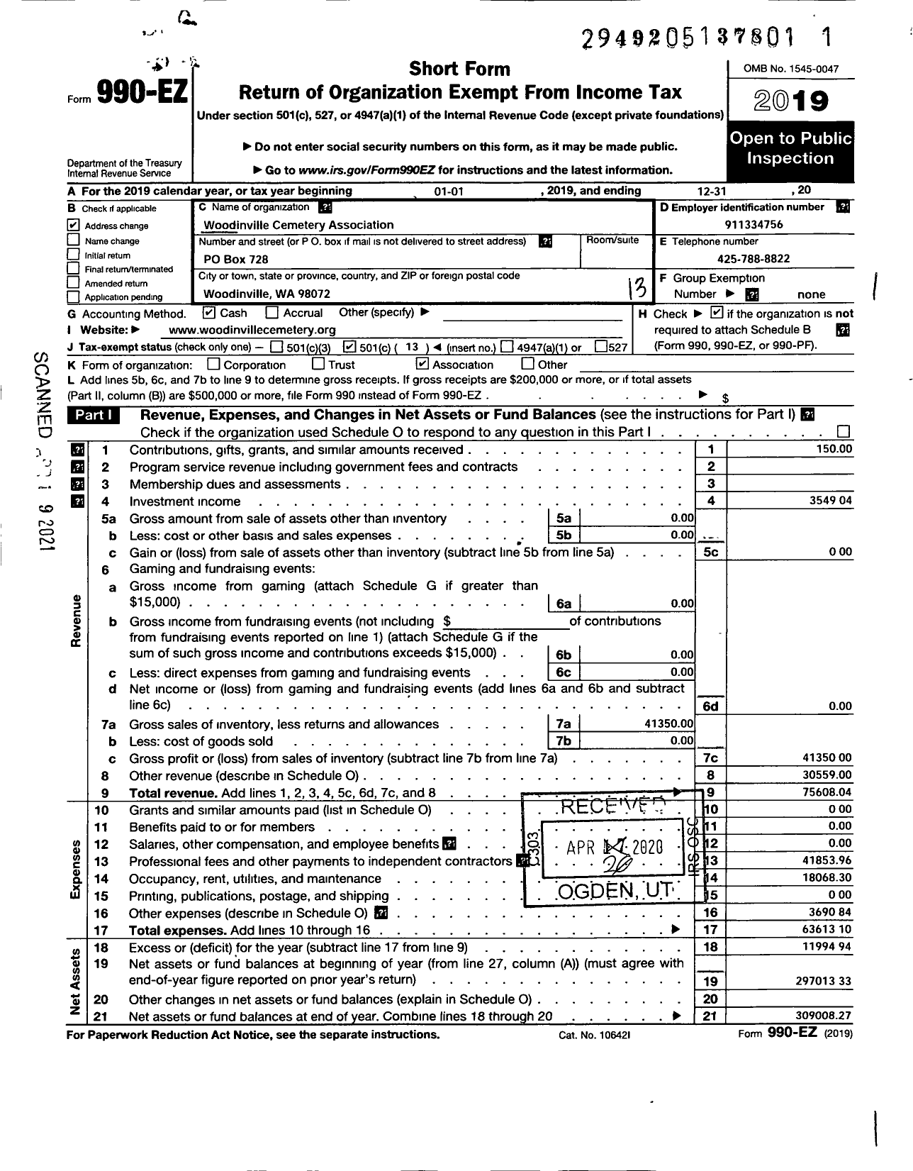 Image of first page of 2019 Form 990EO for Woodinville Cementery Association