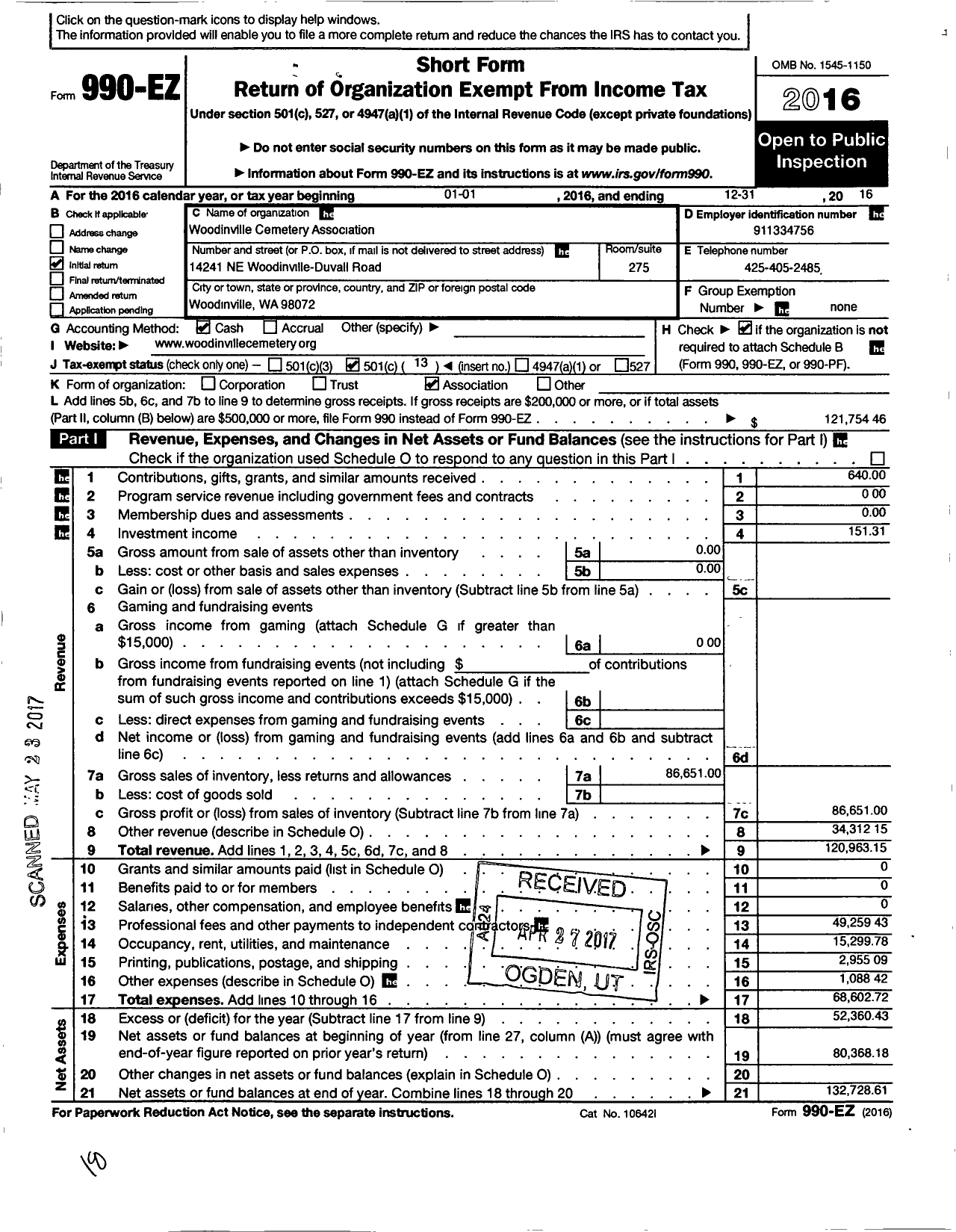 Image of first page of 2016 Form 990EO for Woodinville Cementery Association