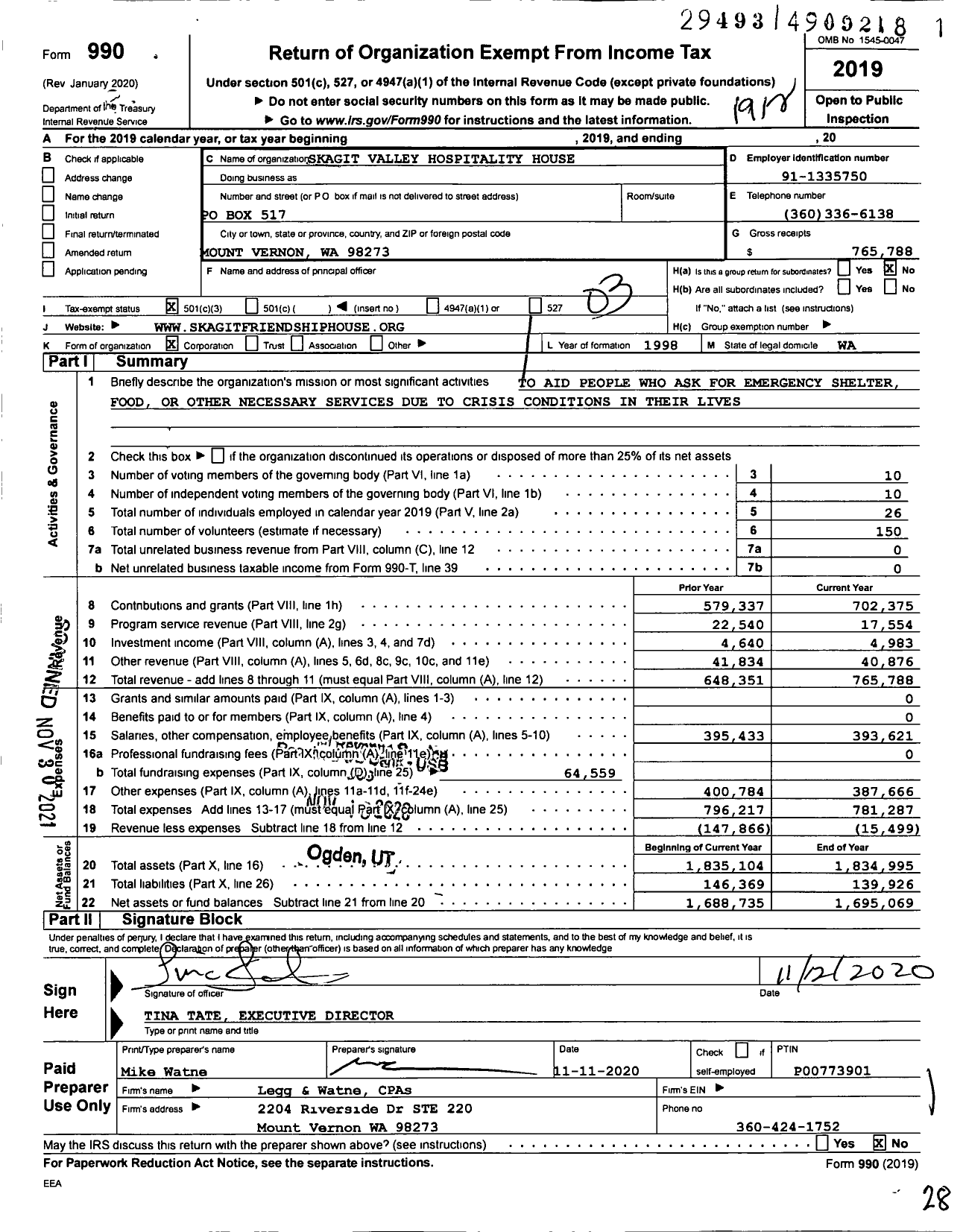 Image of first page of 2019 Form 990 for Skagit Valley Hospitality House Association