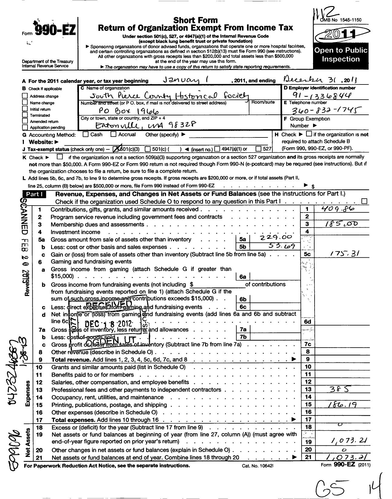 Image of first page of 2011 Form 990EZ for South Pierce County Historical Society