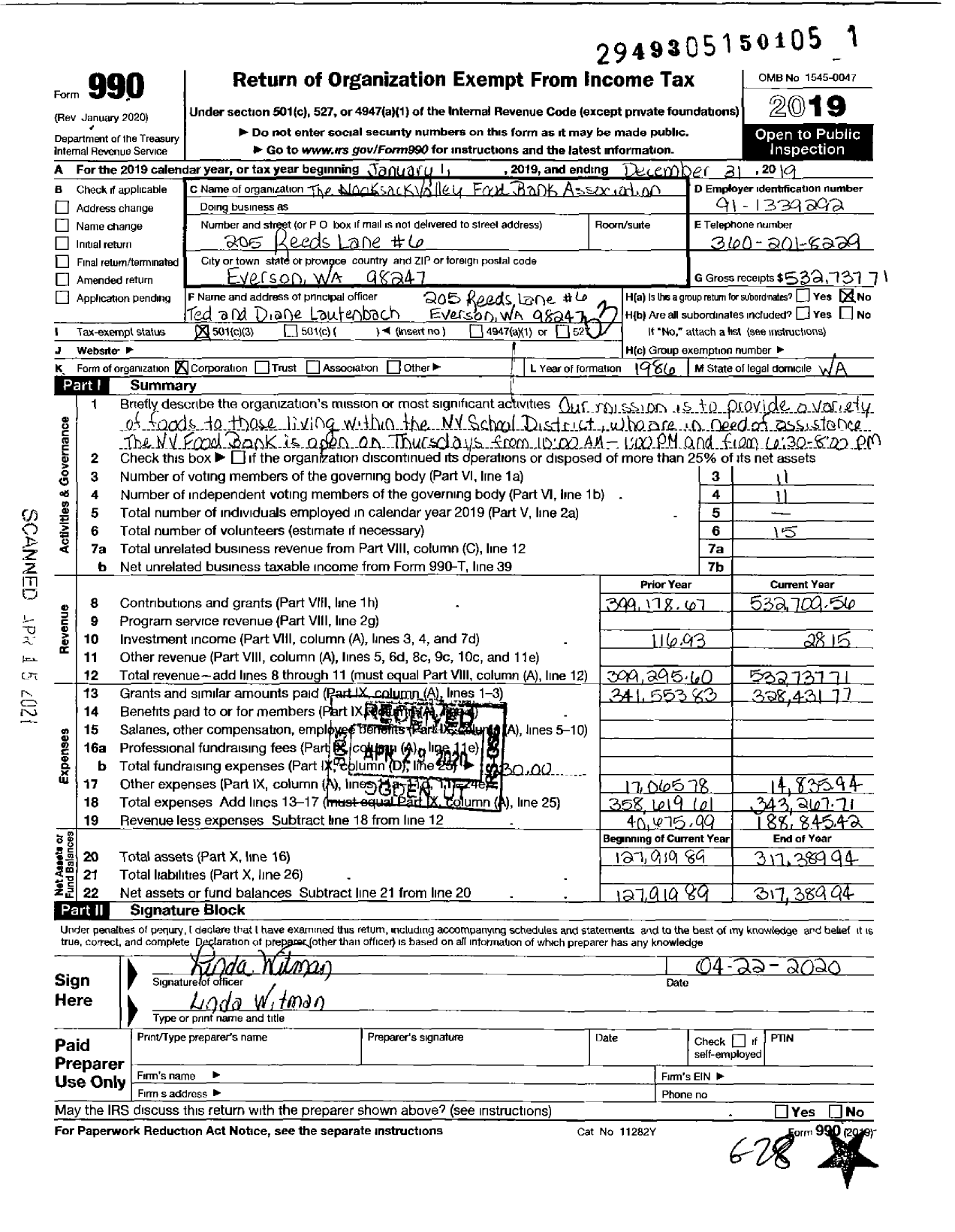 Image of first page of 2019 Form 990 for Nooksack Valley Food Bank Association